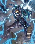  1boy armor armored_boots blonde_hair blue_eyes boots cardfight!!_vanguard clouds cloudy_sky company_name electricity gloves hammer helmet leaping_knight_ligan_lumna male_focus official_art open_mouth sky teeth 