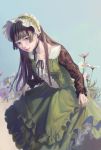  1girl bangs black_choker blunt_bangs bonnet brown_hair choker closed_mouth commentary_request daisy dress flower green_dress green_eyes highres leaning_forward long_hair long_sleeves looking_at_viewer original ribbon_choker skirt_hold smile standing tunapon01 