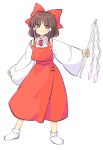  1girl bangs blush bow bright_pupils brown_hair closed_mouth commentary_request detached_sleeves eyebrows_visible_through_hair fingernails full_body gohei hair_bow hair_tubes hakurei_reimu highres holding legs_apart long_sleeves neck_ribbon red_bow red_eyes red_ribbon red_skirt red_vest ribbon sasa_kichi short_hair simple_background skirt smile socks solo the_embodiment_of_scarlet_devil touhou vest white_background white_legwear wide_sleeves wing_collar 