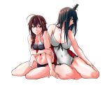  2girls adapted_costume ahoge arm_support bikini black_bikini black_hair blue_eyes braid breasts brown_hair casual_one-piece_swimsuit cleavage covered_navel front-tie_top fusou_(kantai_collection) hair_flaps hair_ornament hair_over_shoulder highres kantai_collection long_hair looking_at_viewer looking_to_the_side medium_breasts multiple_girls navel one-piece_swimsuit red_eyes remodel_(kantai_collection) shigure_(kantai_collection) simple_background single_braid sitting solo sozan swimsuit white_background white_swimsuit yokozuwari 
