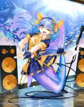  1girl blue_eyes blue_hair bow bubble cardfight!!_vanguard chouchou_marl company_name earrings hairband jewelry long_hair mermaid microphone microphone_stand monster_girl necktie official_art one_eye_closed pointy_ears solo sptuel underwater 