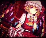  1girl ascot blonde_hair bow chiyu_(kumataro0x0) collared_shirt crystal dutch_angle expressionless eyebrows_visible_through_hair flandre_scarlet frilled_skirt frills hand_up hat hat_ribbon mob_cap pointy_ears puffy_short_sleeves puffy_sleeves red_eyes red_ribbon red_skirt ribbon shirt short_sleeves skirt skirt_set solo touhou vest white_bow white_hat white_shirt wing_collar wings wrist_cuffs yellow_neckwear 