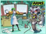  1girl arms_(game) blueprint commentary_request dr._coyle green_hair hedlok highres ishikawa_masaaki labcoat laboratory logo mechanical_arm monitor nintendo official_art pointing robot slime the_cell 