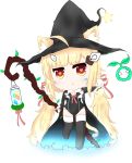  1girl :&lt; animal_ears azur_lane bailingxiao_jiu bangs black_cape black_hat black_legwear blonde_hair blush bottle bridal_gauntlets brown_eyes cape cat_ears cat_girl cat_tail creeper eldridge_(azur_lane) eyebrows_visible_through_hair facial_mark fur_collar hair_ornament hair_ribbon hat heart heart-shaped_pupils highres holding holding_staff kemonomimi_mode long_hair magic minecraft outstretched_arm parted_lips pink_ribbon ribbon simple_background solo staff standing standing_on_one_leg star symbol-shaped_pupils tail thigh-highs triangle_mouth twintails v-shaped_eyebrows very_long_hair white_background witch_hat wooden_staff 