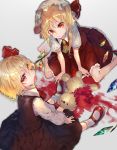  2girls ascot barefoot black_skirt blonde_hair blood fang flandre_scarlet hair_ribbon hat hat_ribbon highres leaning_forward looking_at_viewer mary_janes mob_cap multiple_girls open_mouth red_eyes red_footwear red_neckwear red_ribbon red_skirt ribbon rumia shoes sitting skirt skirt_set socks stuffed_animal stuffed_toy teddy_bear touhou uu_uu_zan vest white_hat white_legwear wings yellow_neckwear 