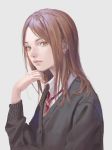  1girl brown_eyes brown_hair cardigan closed_mouth collared_shirt earrings grey_background hand_up jewelry long_sleeves necktie original red_neckwear school_uniform shirt simple_background solo tunapon01 upper_body white_shirt wing_collar 