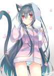  1girl animal_ears cat_ears cat_tail grey_hair long_hair long_sleeves panties red_eyes satsuki_mayuri simple_background striped striped_panties tail towel underwear 