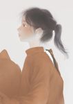  1girl black_hair brown_eyes commentary_request grey_background long_sleeves matayoshi messy_hair original parted_lips ponytail profile simple_background solo upper_body 