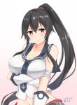 1girl 2018 anchor_print bare_arms black_hair blush breast_lift breasts cleavage collarbone dated elbow_gloves gloves hair_between_eyes hand_on_own_arm highres ka_tsumi kantai_collection large_breasts long_hair looking_at_viewer midriff navel ponytail red_eyes red_skirt sailor_collar scrunchie shiny shiny_hair simple_background skirt smile solo twitter_username upper_body very_long_hair white_background yahagi_(kantai_collection) 