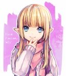  1girl blonde_hair blue_eyes final_fantasy final_fantasy_xiv hand_to_own_face lalafell long_hair pink_scarf pink_sweater pointy_ears scarf shiraume_(hakubaian) smile solo sweater upper_body 
