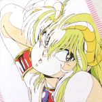  1girl 80s :o arm_up armlet black_eyes close-up green_eyes hand_behind_head horns kahm manabe_jouji official_art oldschool outlanders portrait solo 