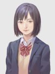  1girl black_hair blue_jacket bob_cut brown_eyes closed_mouth collared_shirt grey_background jacket looking_at_viewer original red_neckwear school_uniform shirt short_hair simple_background smile solo tunapon01 upper_body vest white_shirt wing_collar 