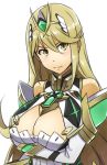  1girl alto-00 armor bare_shoulders blonde_hair breasts cleavage cross dress gloves highres mythra_(xenoblade) large_breasts long_hair looking_at_viewer solo tiara upper_body xenoblade xenoblade_2 yellow_eyes 