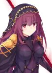  1girl andrew_(fanlp3) armor bodysuit breasts fate/grand_order fate_(series) gae_bolg hair_intakes highres holding holding_weapon long_hair pauldrons polearm purple_bodysuit purple_hair red_eyes scathach_(fate/grand_order) shoulder_armor spear veil weapon 