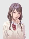  1girl bow bowtie braid brown_hair collared_shirt grey_background hand_up looking_at_viewer original parted_lips pink_eyes red_neckwear school_uniform shirt simple_background solo sweater tunapon01 twin_braids upper_body white_shirt wing_collar 