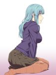  1girl alternate_costume brown_legwear brown_skirt commentary_request green_hair ishii_hisao kantai_collection long_hair long_sleeves open_mouth pleated_skirt purple_shirt shirt skirt solo suzuya_(kantai_collection) thigh-highs 