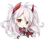 1girl :&lt; antenna_hair azur_lane bangs black_gloves black_legwear blush brown_eyes chibi eyebrows_visible_through_hair finger_to_mouth full_body gloves grey_jacket hair_between_eyes headgear hitsukuya iron_cross jacket long_hair long_sleeves looking_at_viewer military_jacket multicolored_hair parted_lips prinz_eugen_(azur_lane) redhead sidelocks silver_hair simple_background solo streaked_hair swept_bangs thigh-highs triangle_mouth two_side_up very_long_hair white_background 
