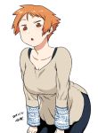  1girl :o blue_pants breasts cleavage cowboy_shot dated eyebrows_visible_through_hair grey_shirt large_breasts leaning_forward light_blush long_sleeves looking_at_viewer orange_hair original pants parted_lips red_eyes shirt short_hair signature simple_background solo standing tsukudani_(coke-buta) tsurime-chan white_background 