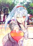  1girl ;) casual fare fate/grand_order fate_(series) finger_to_mouth foreshortening highres long_hair nail_polish one_eye_closed ponytail red_eyes ribbed_sweater silver_hair smile sweater tomoe_gozen_(fate/grand_order) valentine 