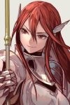  1girl armor closed_mouth fire_emblem fire_emblem:_kakusei full_armor gauntlets grey_background hair_between_eyes hankuri holding holding_spear holding_weapon long_hair polearm red_eyes redhead simple_background smile solo spear cordelia_(fire_emblem) upper_body weapon 