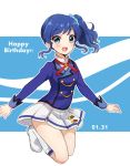  1girl :d aikatsu! bangs blue_eyes blue_hair blue_jacket blue_scrunchie blush boots commentary_request dated eyebrows_visible_through_hair hair_ornament hair_scrunchie happy_birthday highres jacket kiriya_aoi knee_boots long_sleeves nuno_(pppompon) open_mouth outstretched_arms pleated_skirt scrunchie shirt side_ponytail sidelocks skirt smile solo white_footwear white_shirt white_skirt 