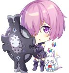  1girl armor armored_boots armored_dress artist_name blush boots bow chibi creature dress fate/grand_order fate_(series) fou_(fate/grand_order) full_body hair_over_one_eye hitsukuya holding holding_shield looking_at_viewer lowres mash_kyrielight parted_lips pink_hair purple_dress purple_footwear purple_legwear red_bow saint_quartz shield simple_background sleeveless sleeveless_dress sparkle standing thigh-highs violet_eyes white_background 