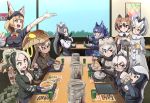  6+girls animal_ears anteater_ears arm_up bandaid bandaid_on_nose bear_ears black_gloves black_hair black_neckwear blonde_hair blue_legwear blue_skirt bow bowtie breasts brown_coat brown_eyes brown_hair buttons chair cleavage coat collared_shirt cup dire_wolf_(kemono_friends) donburi eating elbow_gloves employee_uniform eurasian_eagle_owl_(kemono_friends) eyebrows_visible_through_hair fang fingerless_gloves food food_on_face fur_collar fur_trim giant_anteater_(kemono_friends) gloves green_eyes grey_coat grey_hair grizzly_bear_(kemono_friends) haegiwa_gonbee hair_between_eyes hat head_wings highres holding holding_chopsticks holding_staff holding_tray indoors japari_symbol kemono_friends king_cobra_(kemono_friends) long_hair long_sleeves looking_at_another meal_tickets menu miniskirt multicolored_hair multiple_girls nakau necktie northern_white-faced_owl_(kemono_friends) open_mouth plaid_sleeves pleated_skirt print_neckwear ratel_(kemono_friends) restaurant rice rice_on_face saltwater_crocodile_(kemono_friends) sandstar serval_(kemono_friends) serval_ears serval_print shirt short_hair sitting skirt smile staff sweatdrop table thigh-highs tray uniform very_long_hair white_gloves window wolf_ears wolverine_(kemono_friends) yellow_eyes yellow_gloves yunomi 