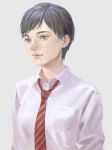  1girl black_hair brown_eyes closed_mouth collared_shirt grey_background long_sleeves mole mole_under_mouth necktie original red_neckwear school_uniform shirt short_hair simple_background smile solo tunapon01 upper_body white_shirt wing_collar 