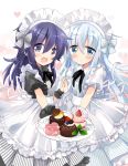  2girls :d :o akatsuki_(kantai_collection) apron bangs black_dress blue_eyes blue_hair blush commentary_request cupcake doily dress eyebrows_visible_through_hair food hair_between_eyes hands_together heart heart_background hibiki_(kantai_collection) highres hizuki_yayoi holding holding_plate interlocked_fingers kantai_collection long_hair looking_at_viewer maid_headdress multiple_girls open_mouth parted_lips plate puffy_short_sleeves puffy_sleeves purple_hair short_sleeves smile sweets very_long_hair violet_eyes white_dress wrist_cuffs 