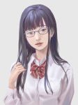 1girl black_hair blue-framed_eyewear blue_eyes bow bowtie collared_shirt glasses grey_background hand_up head_tilt long_sleeves looking_at_viewer original parted_lips red_neckwear school_uniform shirt simple_background smile solo tunapon01 upper_body white_shirt wing_collar 