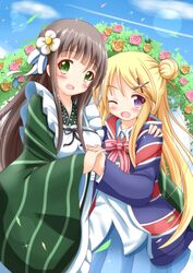  2girls ama_usa_an_uniform apron blonde_hair blue_jacket blue_skirt blue_sky breasts brown_hair commentary_request crossover day flower gochuumon_wa_usagi_desu_ka? green_eyes green_kimono hand_holding hand_on_another&#039;s_shoulder highres jacket japanese_clothes kimono kin-iro_mosaic kujou_karen large_breasts long_sleeves looking_at_viewer maid_apron multiple_girls outdoors polka_dot_trim rose school_uniform shirt skirt sky smile striped striped_kimono ujimatsu_chiya union_jack violet_eyes white_apron white_shirt wide_sleeves zenon_(for_achieve) 