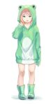  1girl animal_costume animal_hood boots commentary_request frog_costume full_body green_eyes green_footwear hand_up hood hood_up long_hair looking_at_viewer open_mouth original pink_hair solo tunapon01 