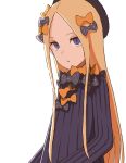  1girl abigail_williams_(fate/grand_order) bangs black_bow black_dress black_hat blonde_hair blue_eyes bow commentary_request dress fate/grand_order fate_(series) forehead hair_bow hat long_hair long_sleeves looking_at_viewer orange_bow parted_bangs parted_lips polka_dot polka_dot_bow simple_background solo tsukebo very_long_hair white_background 