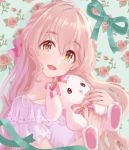  1girl bow commentary_request flower hair_bow idolmaster idolmaster_cinderella_girls long_hair looking_at_viewer magako nail pink_bow pink_hair rose saionji_kotoka smile solo stuffed_animal stuffed_bunny stuffed_toy 