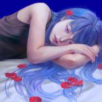  1girl bare_arms bare_shoulders black_shirt blue_hair closed_mouth commentary_request fingernails highres lips long_hair lying on_side original petals pink_lips rose_petals shirt sleeveless sleeveless_shirt solo tunapon01 upper_body 