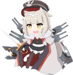  1girl :d animal_ears azur_lane bailingxiao_jiu bangs black_dress black_hat black_legwear blunt_bangs blush cannon cape cat_ears cat_girl cat_tail chibi commentary_request cosplay dress eyebrows_visible_through_hair fang full_body fur-trimmed_cape fur_trim gloves graf_zeppelin_(azur_lane) graf_zeppelin_(azur_lane)_(cosplay) hat heart heart-shaped_pupils highres holding holding_sword holding_weapon iron_cross kemonomimi_mode light_brown_hair long_hair long_sleeves open_mouth pantyhose peaked_cap red_cape simple_background smile solo standing sword symbol-shaped_pupils tail turret v-shaped_eyebrows very_long_hair weapon white_background white_cape white_gloves yellow_eyes z46_(azur_lane) 