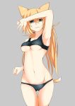  1girl animal_ears arm_up armpits bangs bare_arms bare_legs blonde_hair blue_eyes blush bra breasts capoki clenched_hand clothes_removed collarbone eyebrows_visible_through_hair fang girls_frontline gluteal_fold grey_background hair_between_eyes hair_ornament hair_tie hairclip idw_(girls_frontline) legs_together long_hair looking_at_viewer lowleg lowleg_panties medium_breasts navel panties parted_lips shaded_face simple_background smile solo stomach thighs twintails under_boob underwear underwear_only 