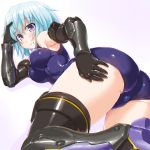  1girl armpits ass blue_hair blush breasts dd_(ijigendd) dutch_angle eyebrows_visible_through_hair frame_arms_girl hand_on_thigh highres hresvelgr impossible_clothes lying mecha_musume mechanical_arms mechanical_legs medium_breasts on_side short_hair solo thighs violet_eyes white_background 