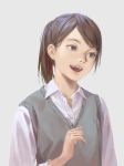  1girl :d brown_eyes brown_hair collared_shirt grey_background grey_vest hand_up long_sleeves looking_away open_mouth original ponytail school_uniform shirt simple_background smile solo tunapon01 upper_body vest white_shirt wing_collar 