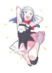  1girl :d armpits bare_arms bare_shoulders beanie black_legwear character_request cropped_legs hands_up hat highres long_hair open_mouth ouchi_kaeru pink_skirt pokemon purple_hair simple_background skirt smile socks solo violet_eyes white_background 