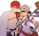 1boy 1girl abs artoria_pendragon_(all) artoria_pendragon_(caster)_(fate) bangs blonde_hair blush cape emiya_shirou fate/grand_order fate_(series) gloves green_eyes grey_gloves grey_headwear grin hand_on_another&#039;s_head hand_on_hip hat highres holding igote kikageee limited/zero_over looking_at_another open_mouth orange_eyes pouch redhead sengo_muramasa_(fate) sharp_teeth simple_background smile spiky_hair staff sweatdrop tassel teeth toned toned_male v-shaped_eyebrows white_background white_cape 