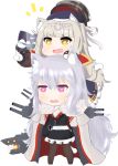  2girls :d absurdres animal_ears azur_lane bailingxiao_jiu bangs beret black_dress black_hat black_legwear blunt_bangs blush cape cat_ears cat_girl cat_tail chibi commentary_request dress eyebrows_visible_through_hair fang fur-trimmed_cape fur_trim gloves graf_zeppelin_(azur_lane) hair_between_eyes hair_ribbon hand_on_another&#039;s_head hat hat_over_hat heart heart-shaped_pupils highres iron_cross kemonomimi_mode light_brown_hair long_hair long_sleeves military_hat multiple_girls no_shoes open_mouth pantyhose peaked_cap pointing puffy_long_sleeves puffy_sleeves red_cape ribbon silver_hair simple_background sleeves_past_fingers sleeves_past_wrists smile sweat symbol-shaped_pupils tail v-shaped_eyebrows very_long_hair violet_eyes wavy_mouth white_background white_cape white_gloves white_ribbon yellow_eyes z46_(azur_lane) 