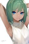  1girl absurdres armpits arms_behind_head arms_up bangs bare_arms bare_shoulders blue_eyes dark_skin eyebrows_visible_through_hair green_hair highres ohisashiburi original parted_lips short_hair simple_background sleeveless solo translation_request upper_body white_background 