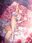  1girl 2016 arm_up armpits artist_name bangs bare_arms bare_legs bare_shoulders bead_bracelet bead_necklace beads bed bow bracelet breasts butterfly character_request commentary_request company_name daisy day dress eyebrows_visible_through_hair flower from_above furyou_michi_~gang_road~ garter_straps gem glint gloves hair_between_eyes hair_bow hair_flower hair_ornament hand_up indoors instrument jewelry knee_up large_breasts lens_flare long_dress long_hair looking_at_viewer lying multicolored multicolored_eyes necklace official_art on_back parted_lips pearl pink_eyes pink_flower pink_hair pink_ribbon purple_flower red_flower red_rose ribbon rose shiny shiny_hair smile solo strapless strapless_dress sunlight trumpet very_long_hair violet_eyes wavy_hair white_bow white_dress white_flower white_footwear white_gloves window_shade yeonwa 