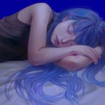  1girl bare_arms bare_shoulders black_shirt blue_hair closed_eyes closed_mouth fingernails highres lips long_hair lying on_side original pink_lips shirt sleeping sleeveless sleeveless_shirt solo tunapon01 upper_body 