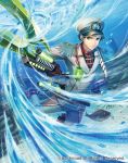 1boy blue_hair bubble cardfight!!_vanguard company_name epaulettes fish gloves green_eyes hat hydro_lance_tzanis male_focus military military_hat military_uniform official_art polearm spear underwater uniform water weapon 