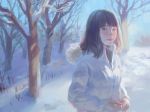  1girl bangs bare_tree blue_sky brown_eyes brown_hair coat commentary_request day forest fur_trim highres hood hood_down hooded_coat long_sleeves looking_at_viewer medium_hair nature original outdoors parted_lips sky snow solo standing tree tunapon01 winter_clothes winter_coat 