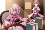  2girls ahoge book brown_hair character_request flower_knight_girl glasses hair_ornament mizunashi_(second_run) multiple_girls reading short_hair white_hair yellow_eyes 