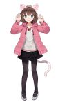  1girl animal_ears black_legwear black_skirt blue_eyes blush brown_hair cat_ears cat_tail fake_animal_ears fang full_body highres hood hoodie looking_at_viewer original pantyhose shone short_hair simple_background skirt smile solo tail white_background 