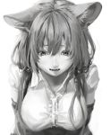  1girl animal_ears bangs breasts cat_ears collared_shirt commentary_request crying crying_with_eyes_open greyscale hair_between_eyes large_breasts long_hair looking_at_viewer low_twintails monochrome original shirt slit_pupils solo tears tunapon01 twintails upper_body white_background wing_collar 